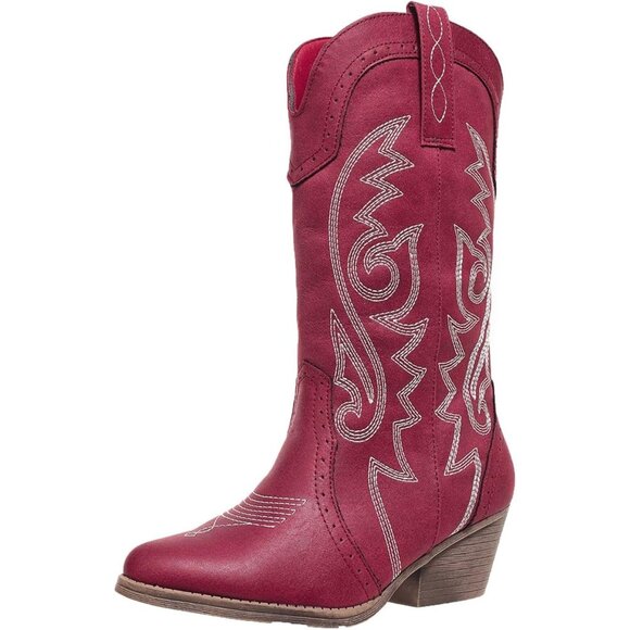 Women Cowgirl Red Synthetic Mid Calf Embroidered Stitched...